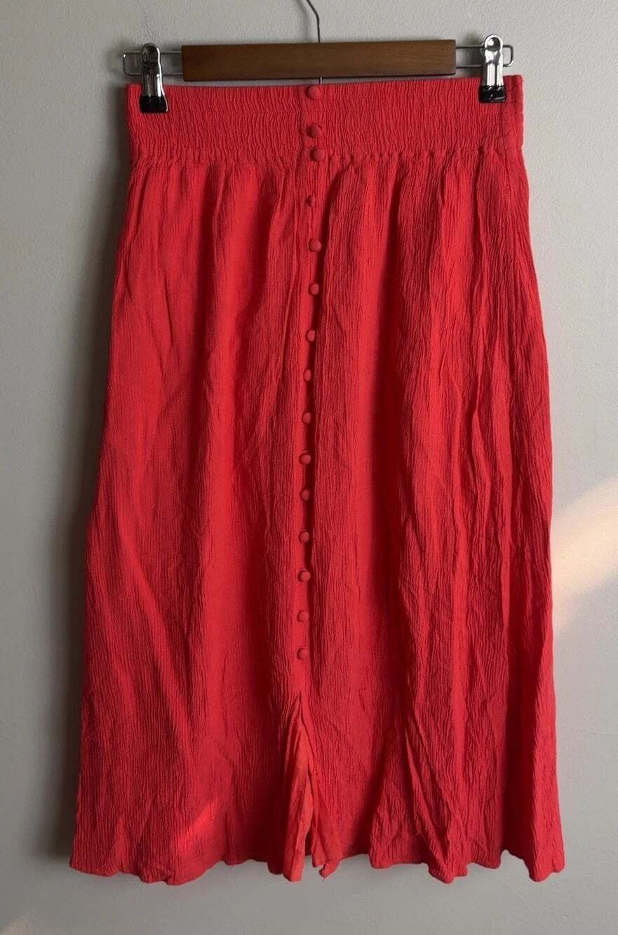 Madewell Red Pink Midi Skirt Button Front Smocked Waist Size XS 100% Viscose Wms